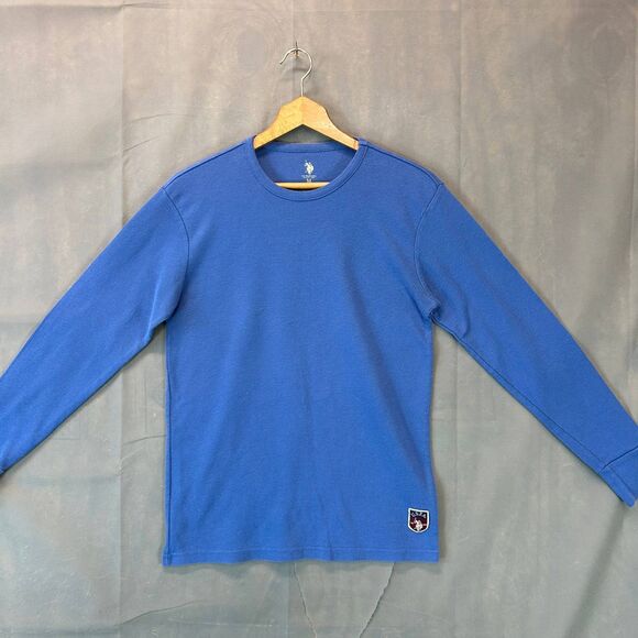 US Polo Assn Men Medium Blue Crew Neck Long Sleeve Cotton Blend Casual Tee Shirt - Picture 1 of 6